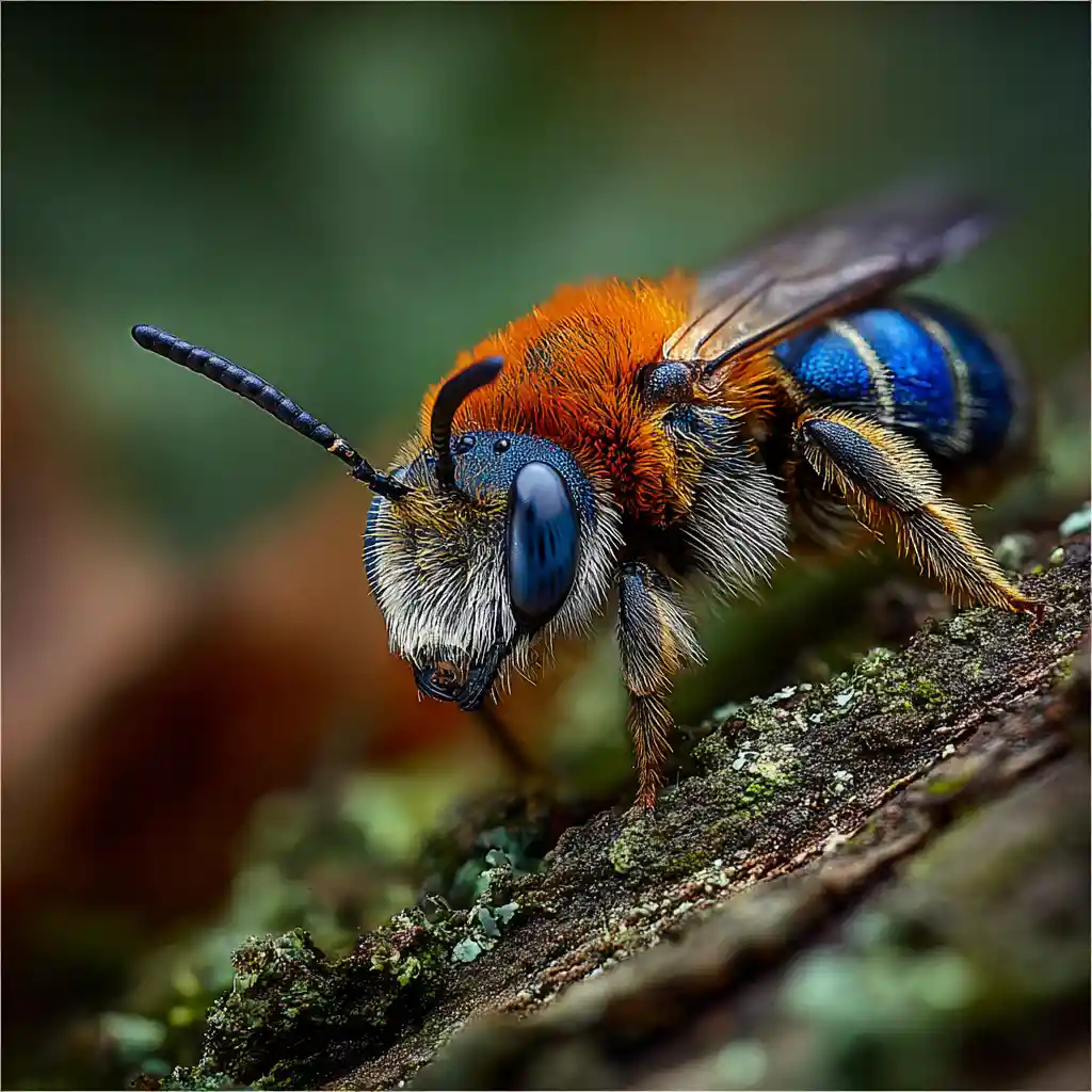 Tiny orange insect resting on mossy tree trunk