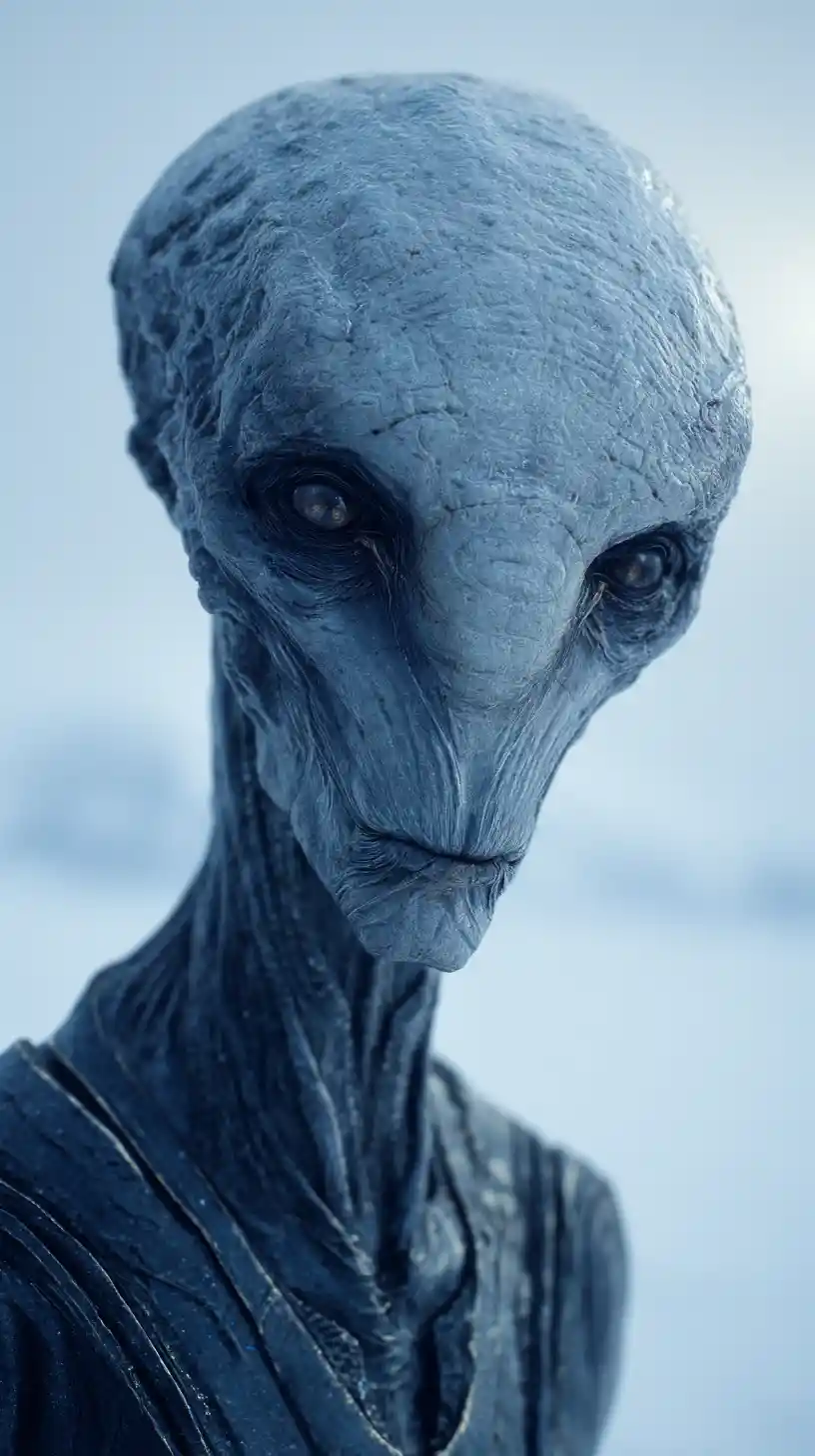 Alien figure standing before futuristic city with spaceship