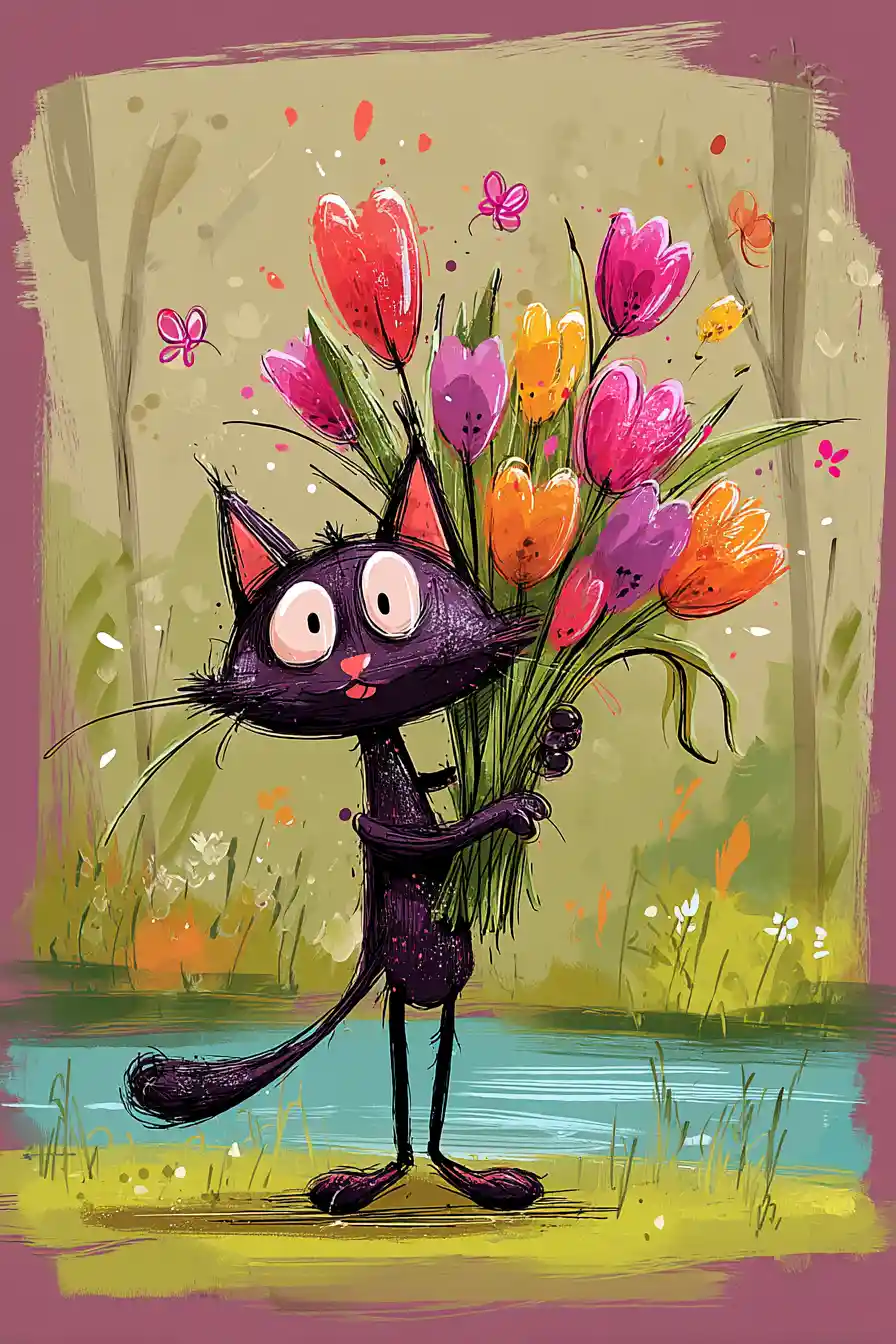 Black cat with tulips by a sunlit forest stream