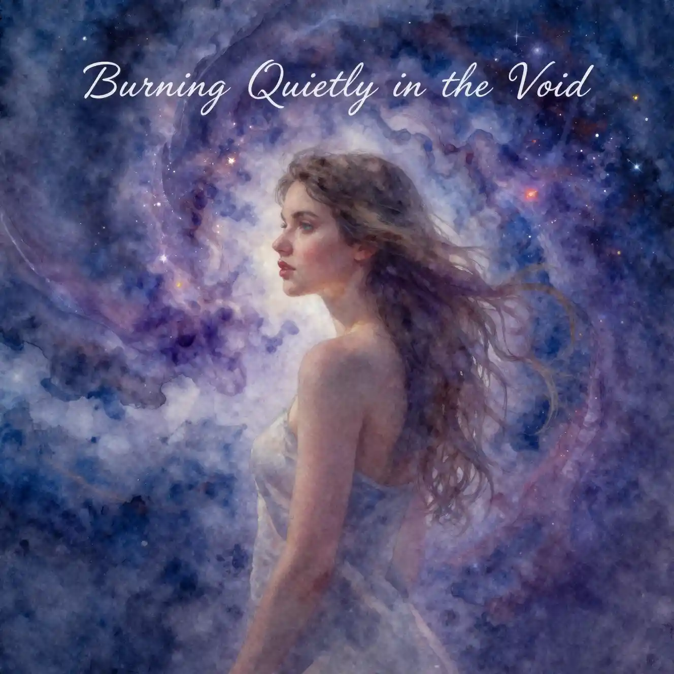 Watercolor girl fading into a swirling cosmic void