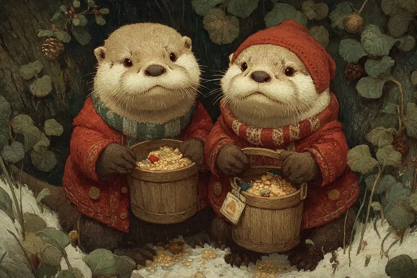 Playful fantasy otters in striped leg warmers on tundra