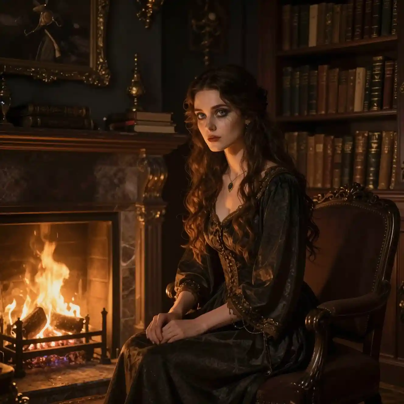 Mysterious woman by the fireplace in an opulent study