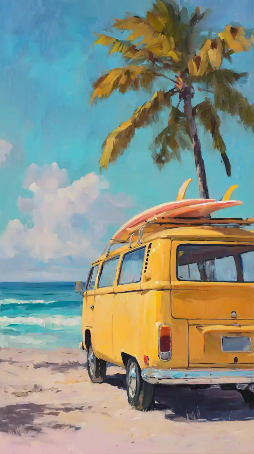 Furgone giallo vintage sul mare all’ora d’oro