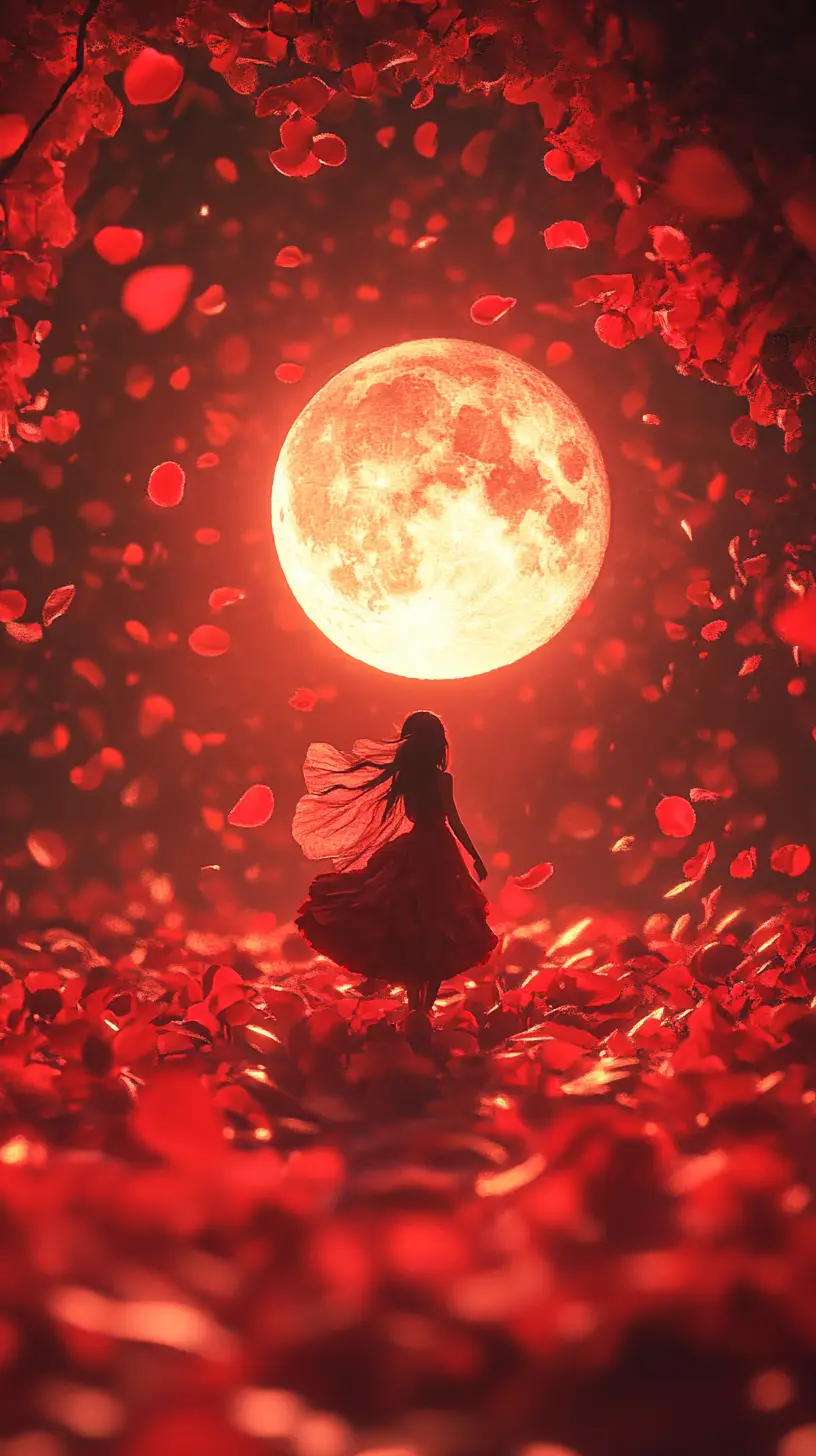 Fairy crossing rose petals under a glowing moon