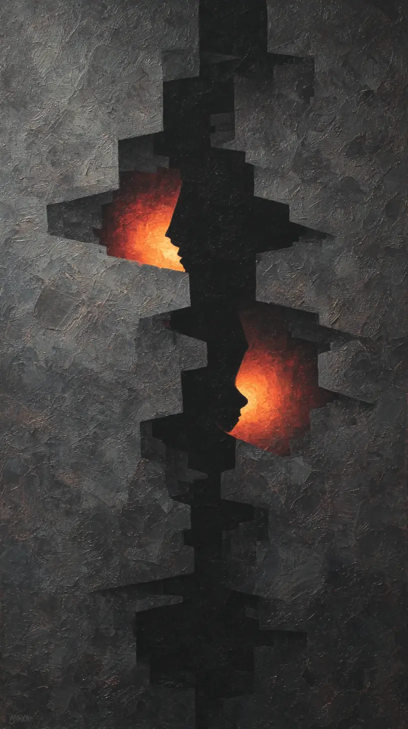 Human form dissolving into geometric shadow in abstract void