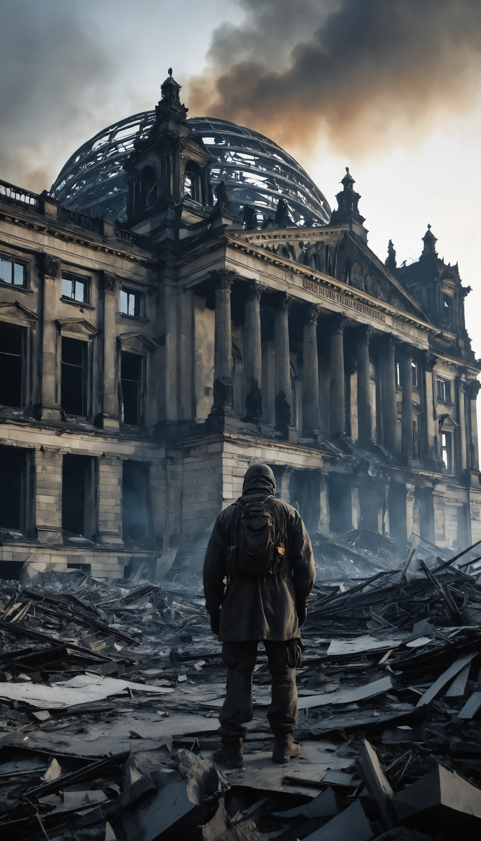 Ruinas ardientes del Reichstag en un páramo posapocalíptico