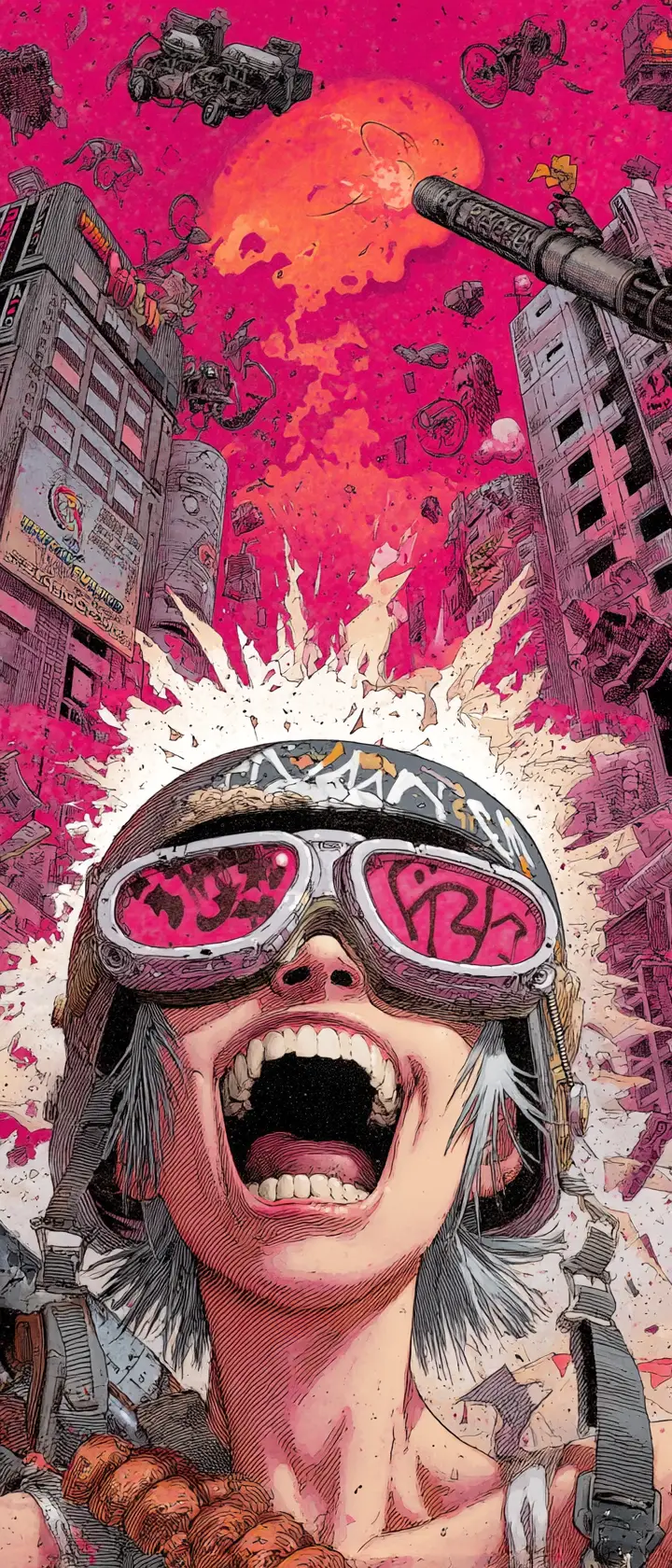 Cyberpunk woman blasting corporate billboard with bazooka