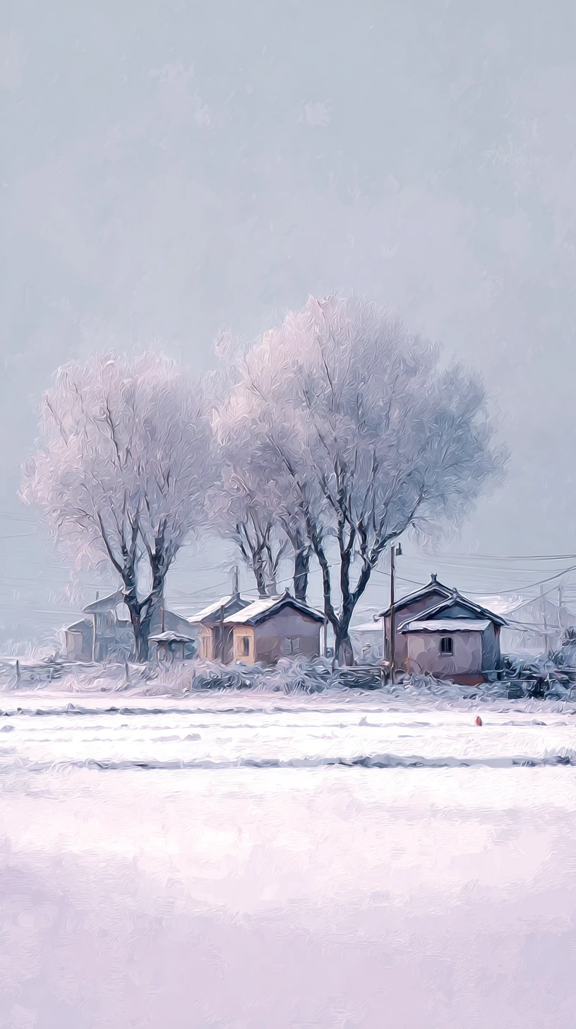 Aldea rural nevada con árboles zelkova en una mañana tranquila