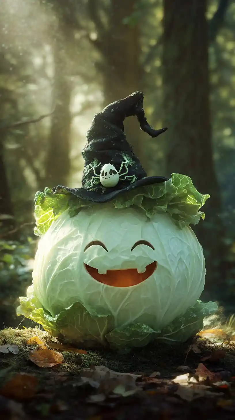 Cheerful ghost cabbage in a cute forest illustration