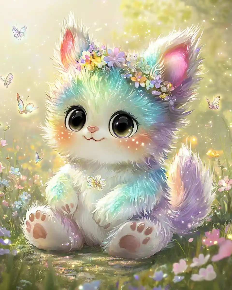 Whimsical Baby Fantasy Creature In Sunny Flower Meadow