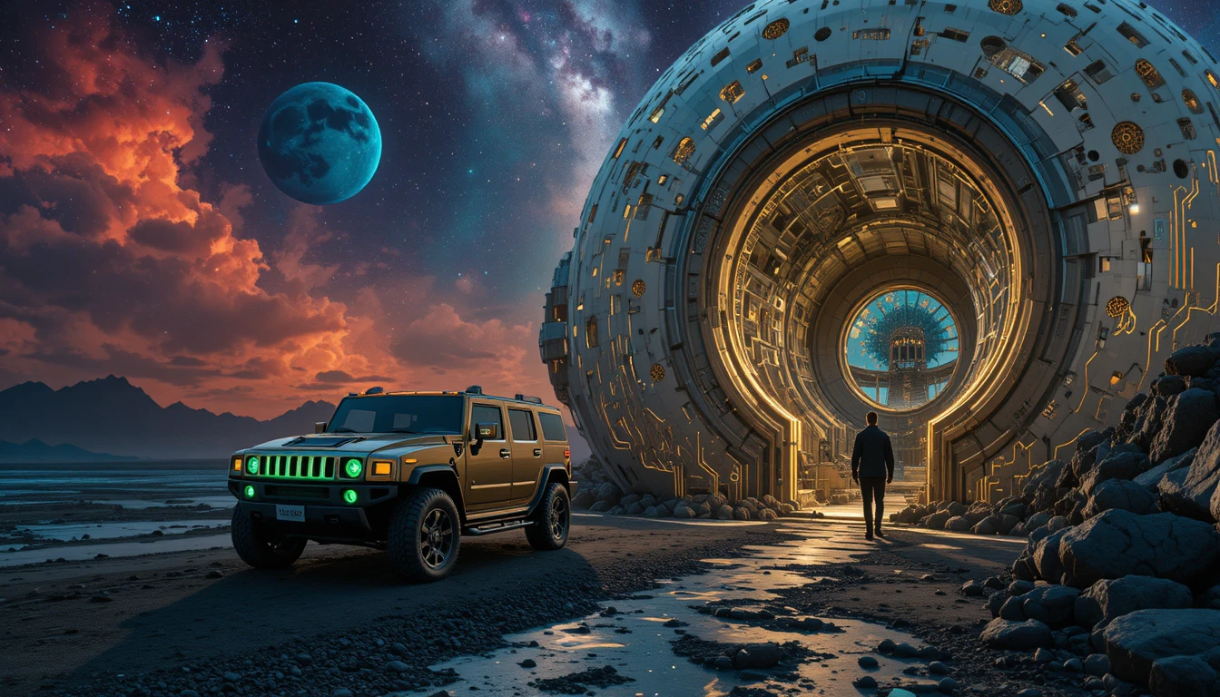 SUV eléctrico junto a portal en playa alienígena de arena negra
