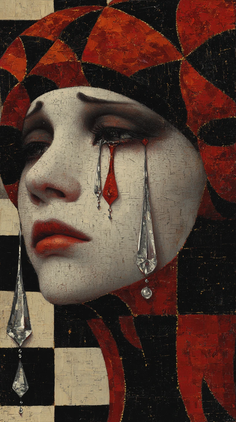 Dark female pierrot crying crystal tears in surreal colors