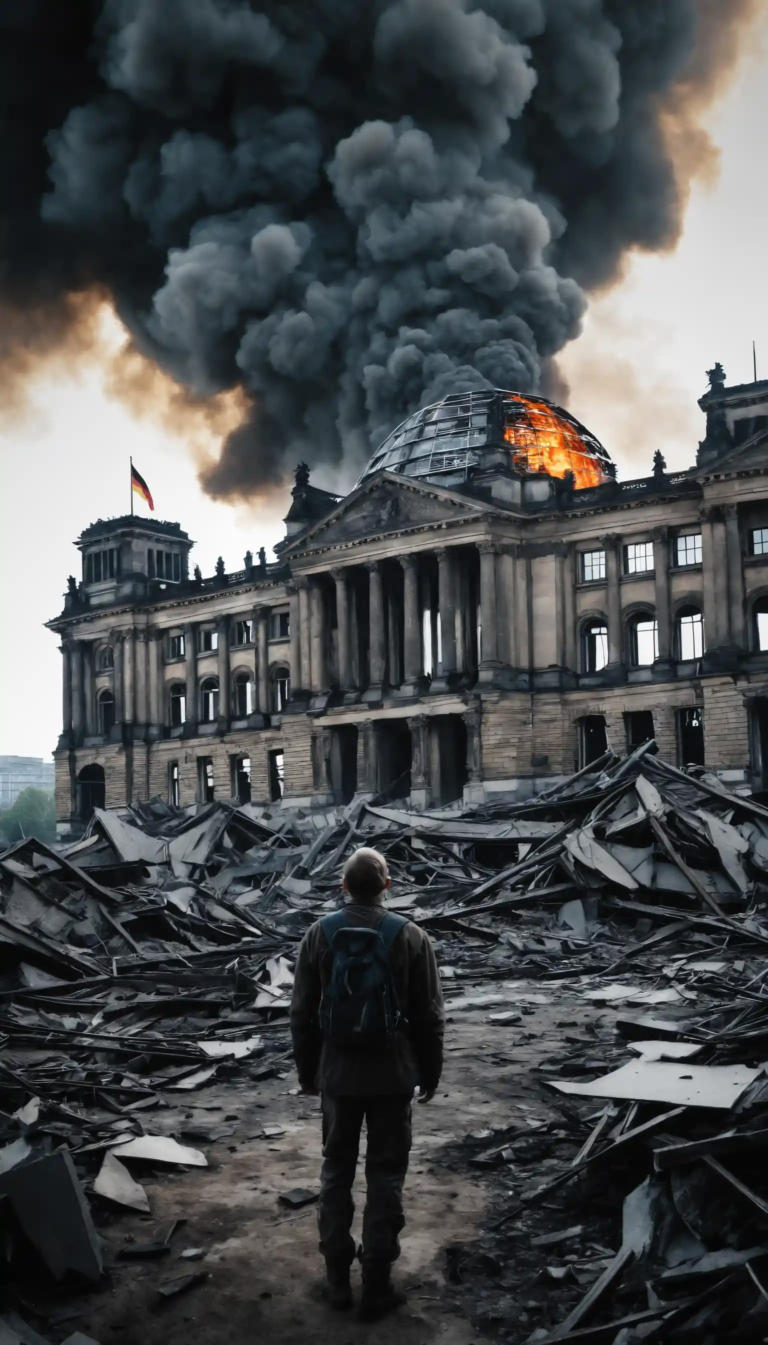 Reichstag en ruinas en un paisaje urbano posapocalíptico en llamas