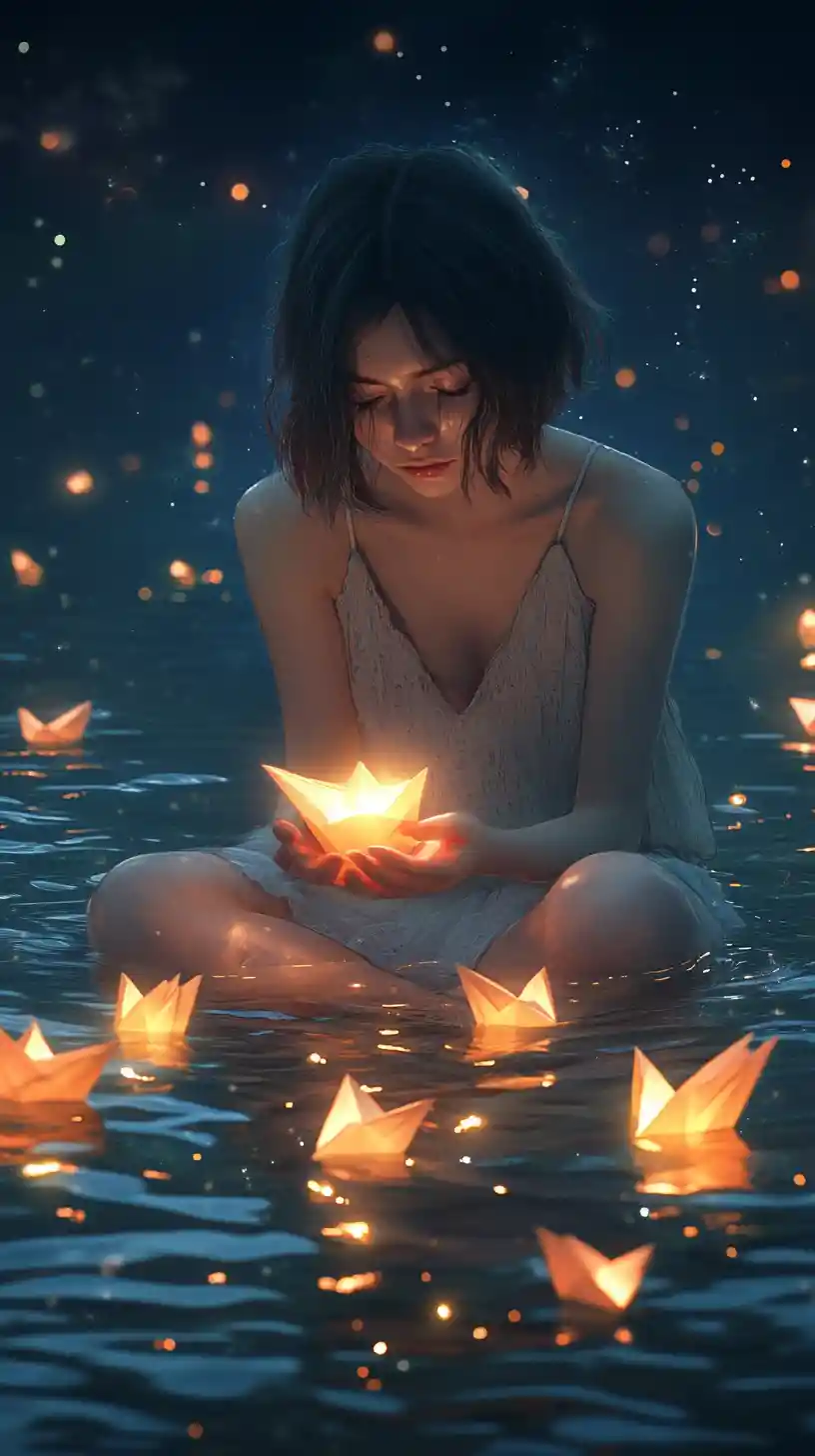 Girl holding glowing light amid floating paper boats