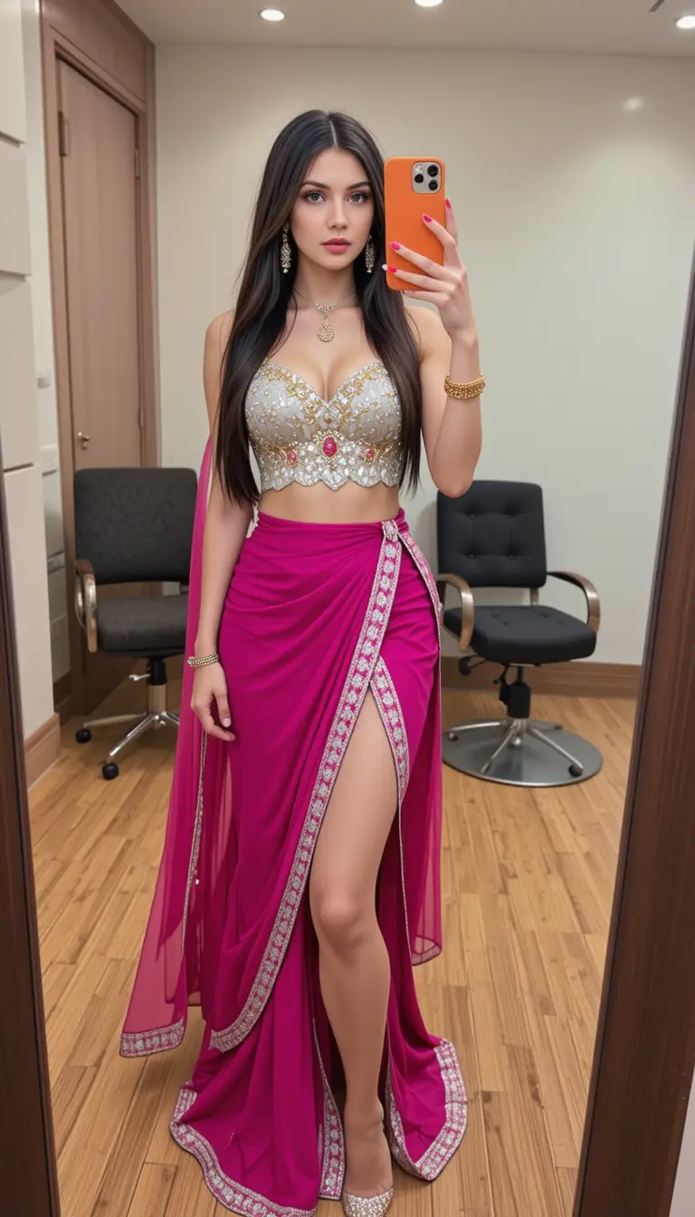 マゼンタのインド・ウェスタン衣装を着た女性のおしゃれなミラーセルフィー