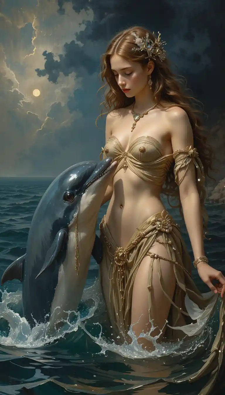 Fille et dauphin en mer sous un éclairage baroque dramatique