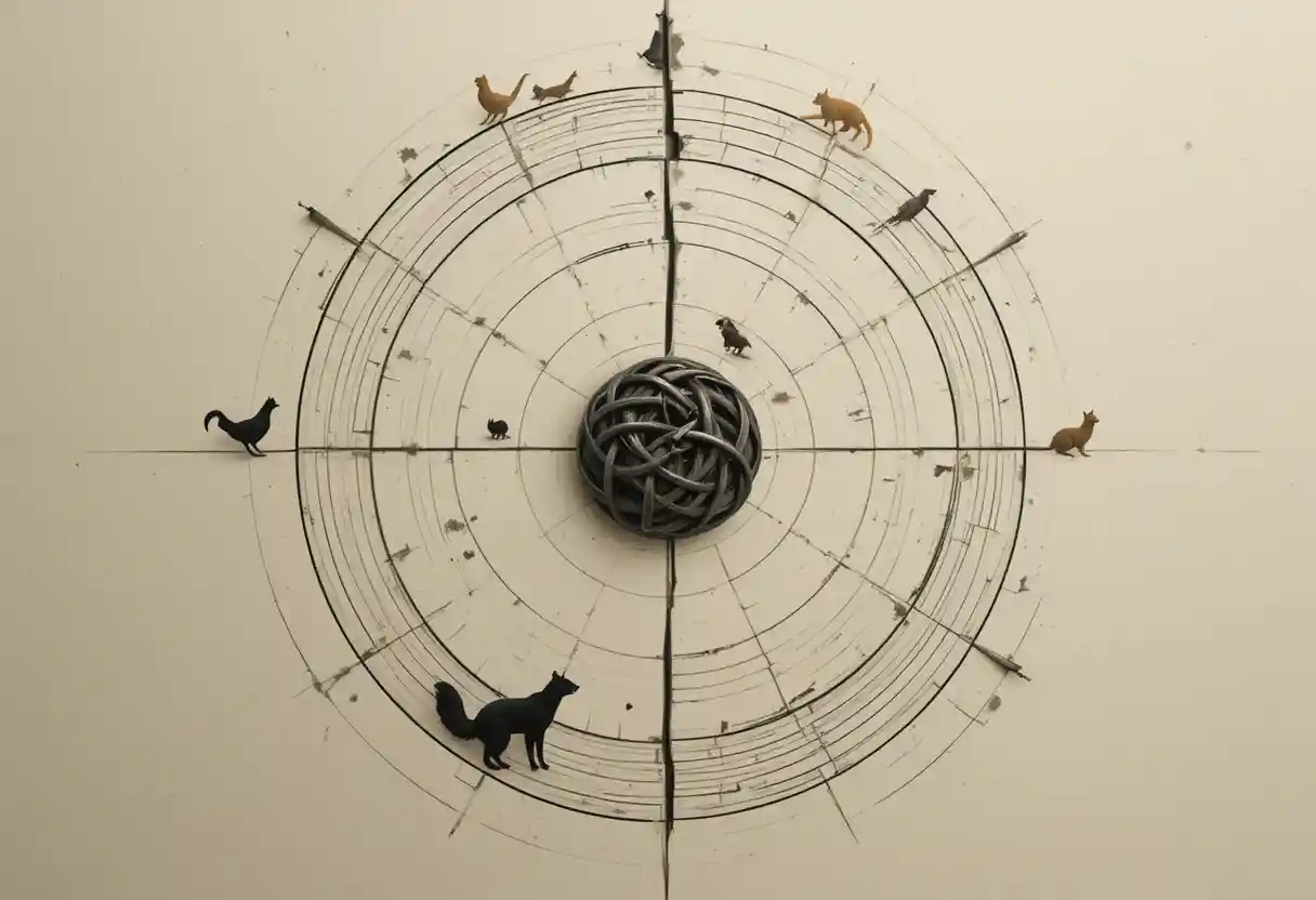 Zentriertes geometrisches Mandala mit Tiersilhouetten und Wirbel
