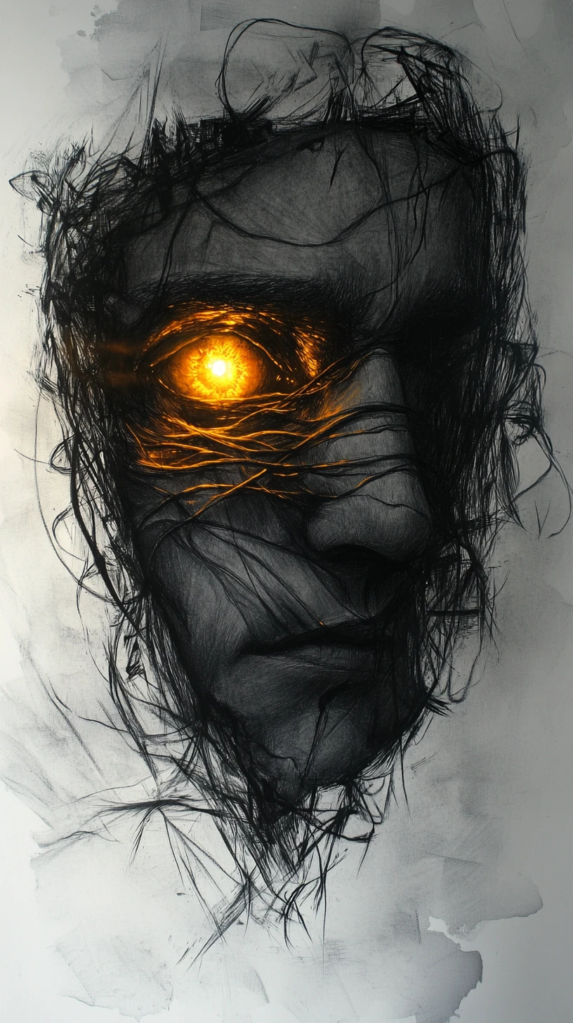 Silueta surreal de caja torácica con fuego interior y ojos brillantes