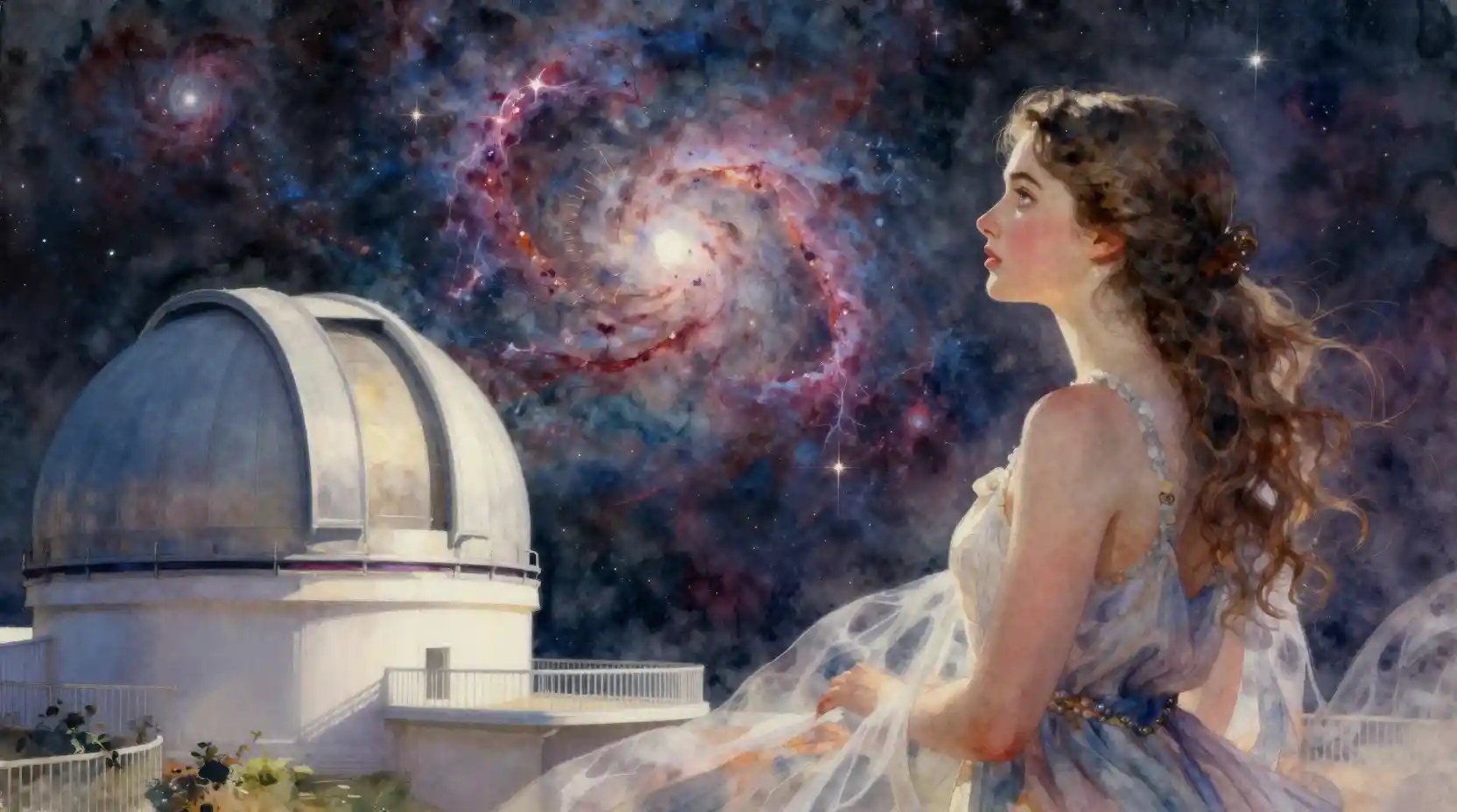 Chica en acuarela contemplando una nebulosa en un observatorio celeste