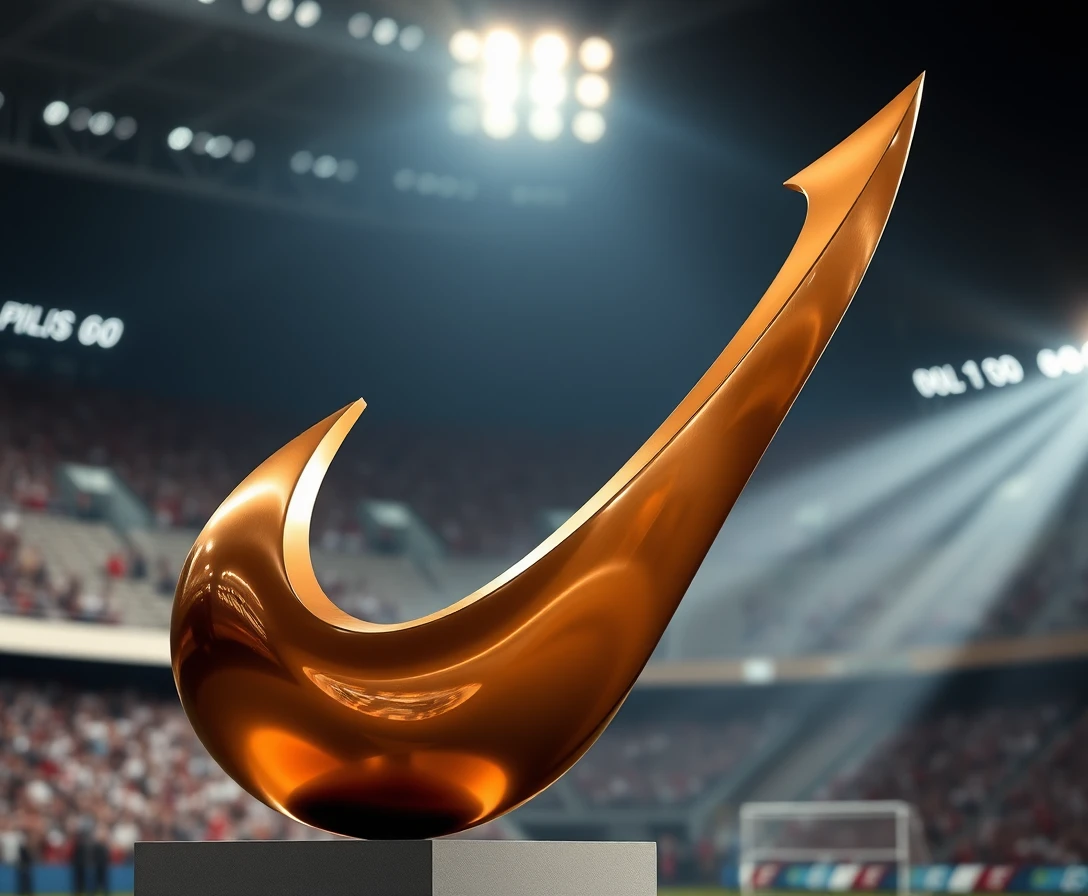Scultura di trofeo in bronzo con spotlight dinamico in scena da stadio