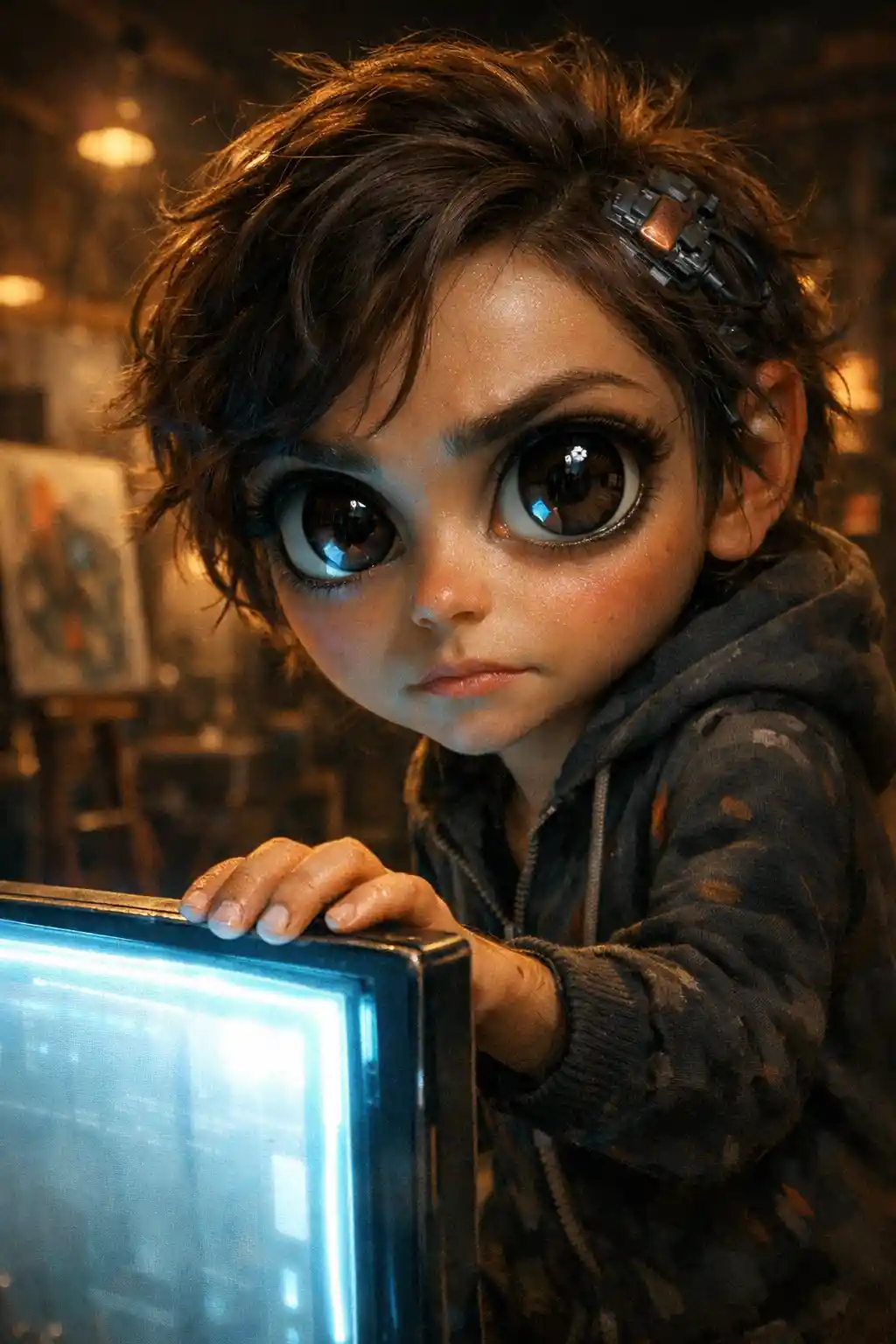 Retrato em close de um artista de IA diante de uma tela brilhante
