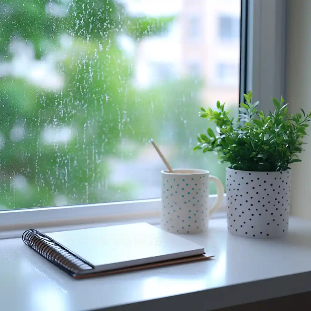 Minimal white desk by a rainy window with cozy details
