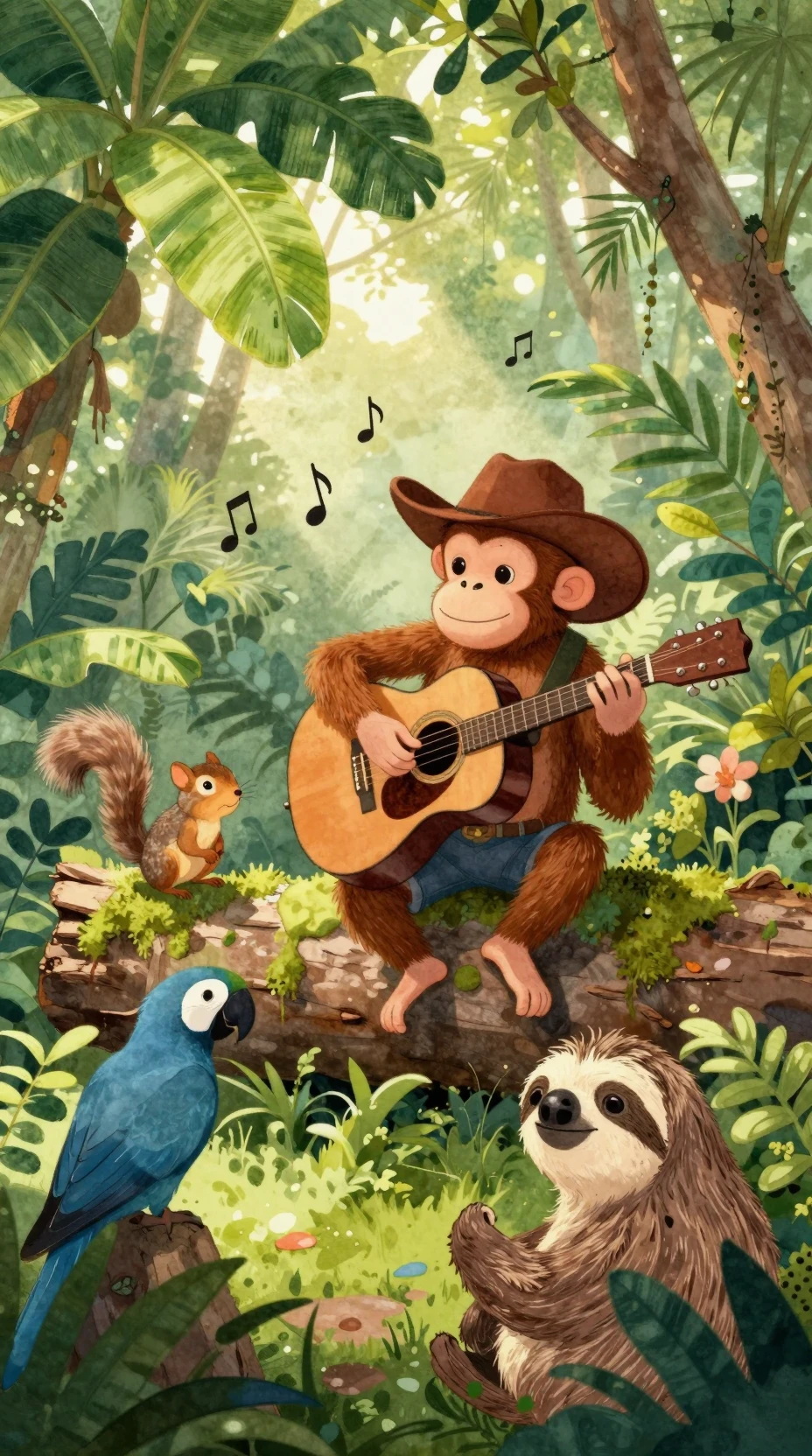 Mono musical tocando la guitarra en un claro de la selva tropical