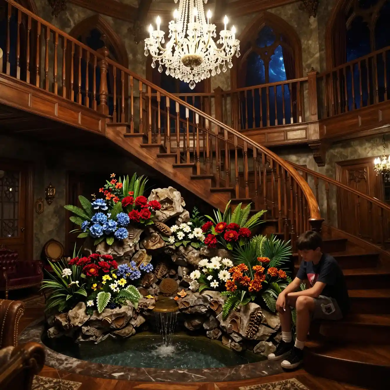 Thoughtful boy by staircase in a grand mansion lounge