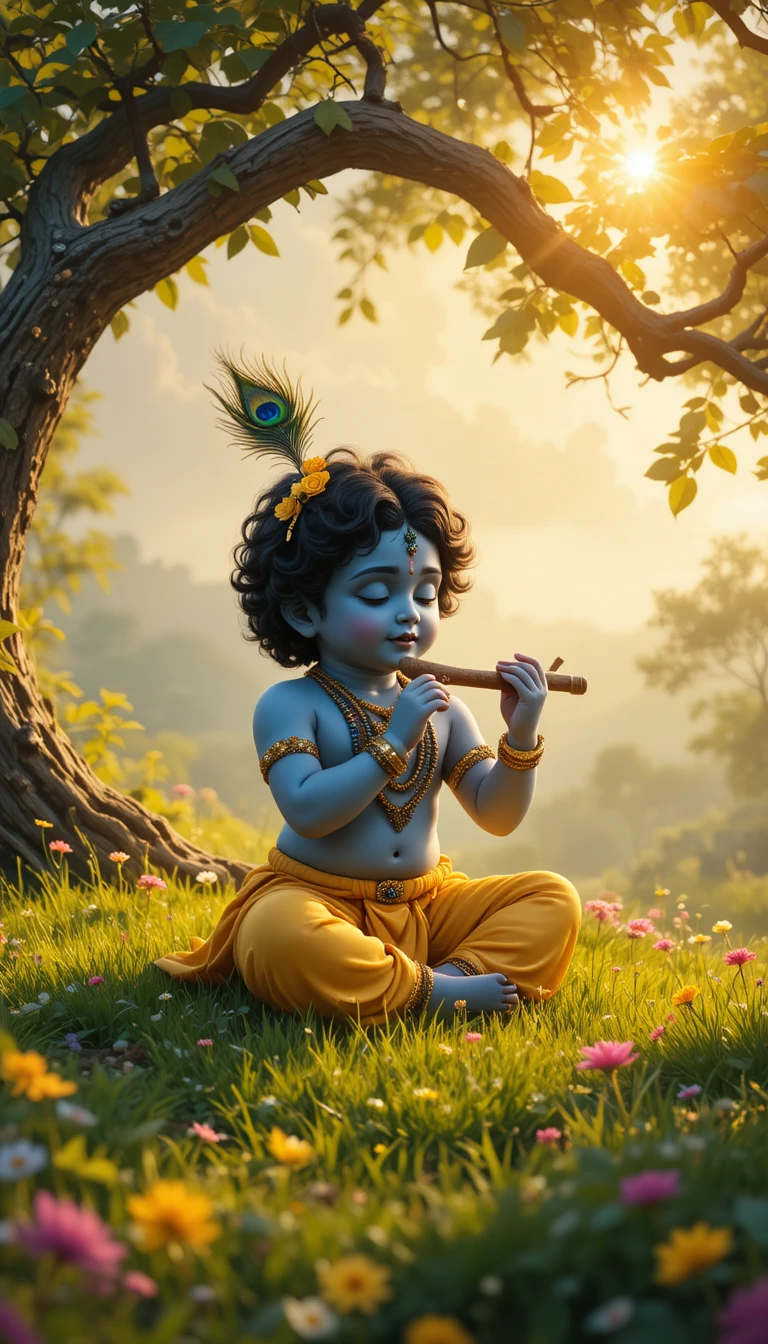 Divine blue baby playing flute on green grass