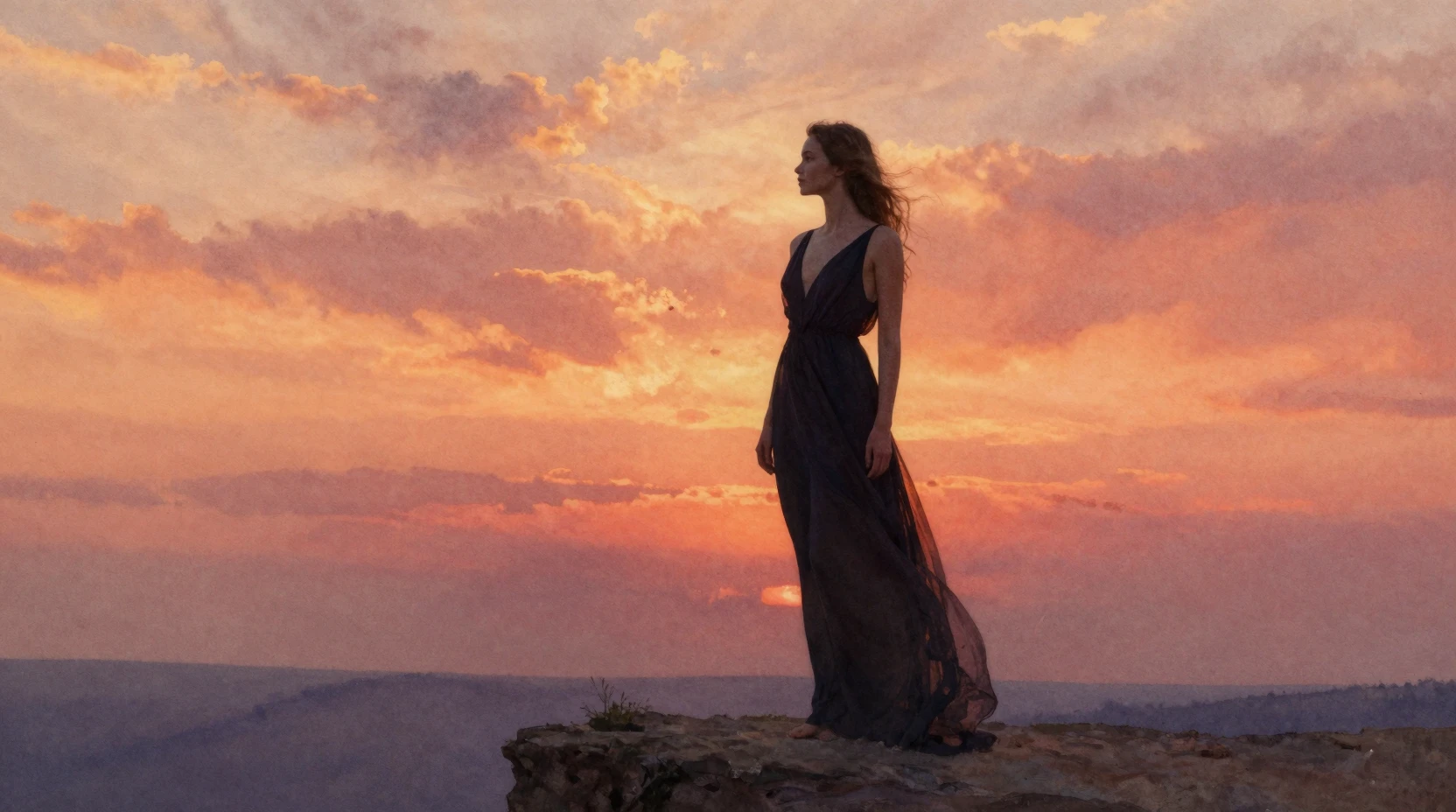 Young woman in a dark gown at sunset on a cliff