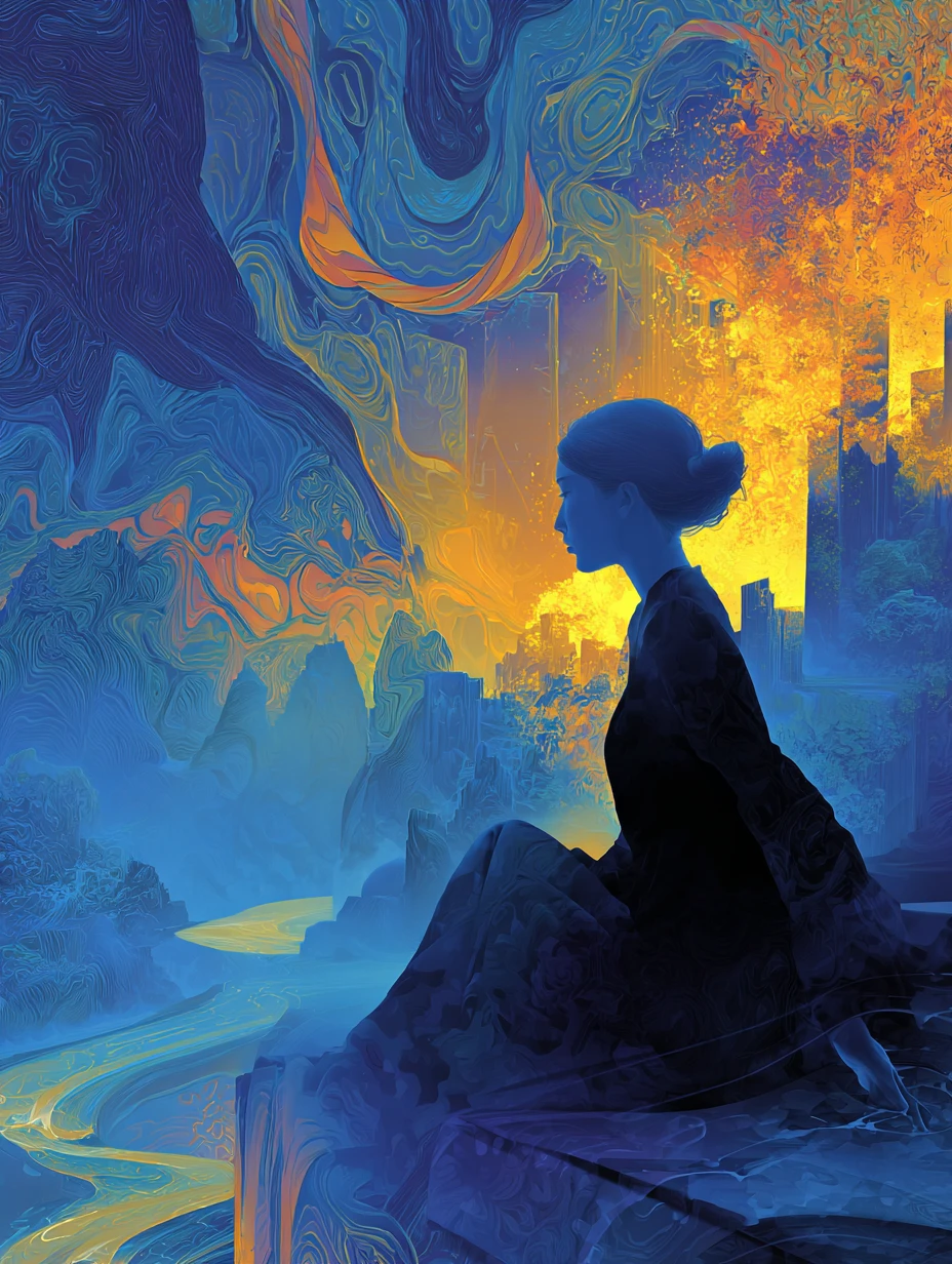 Mujer entre colores surrealistas en espiral con fondo distante y brumoso
