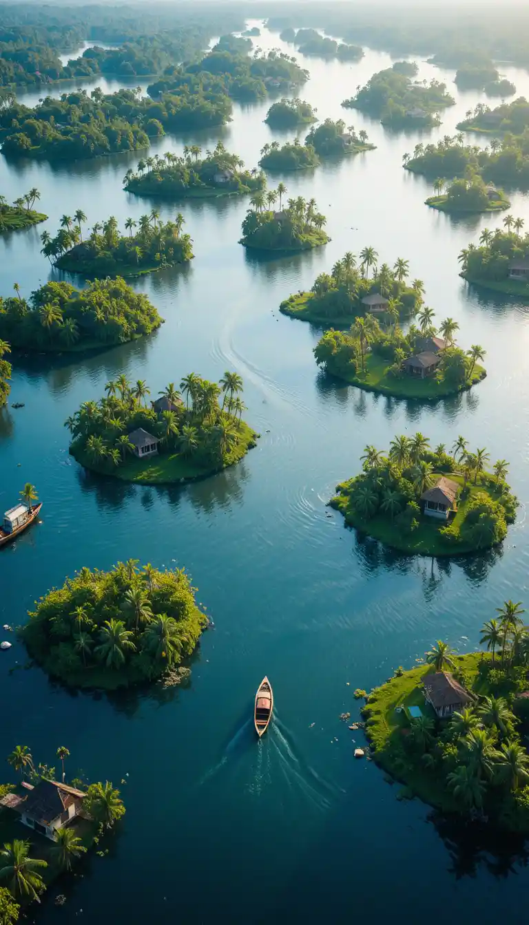 Drohnenansicht über die Backwaters von Kerala und kleine tropische Inseln
