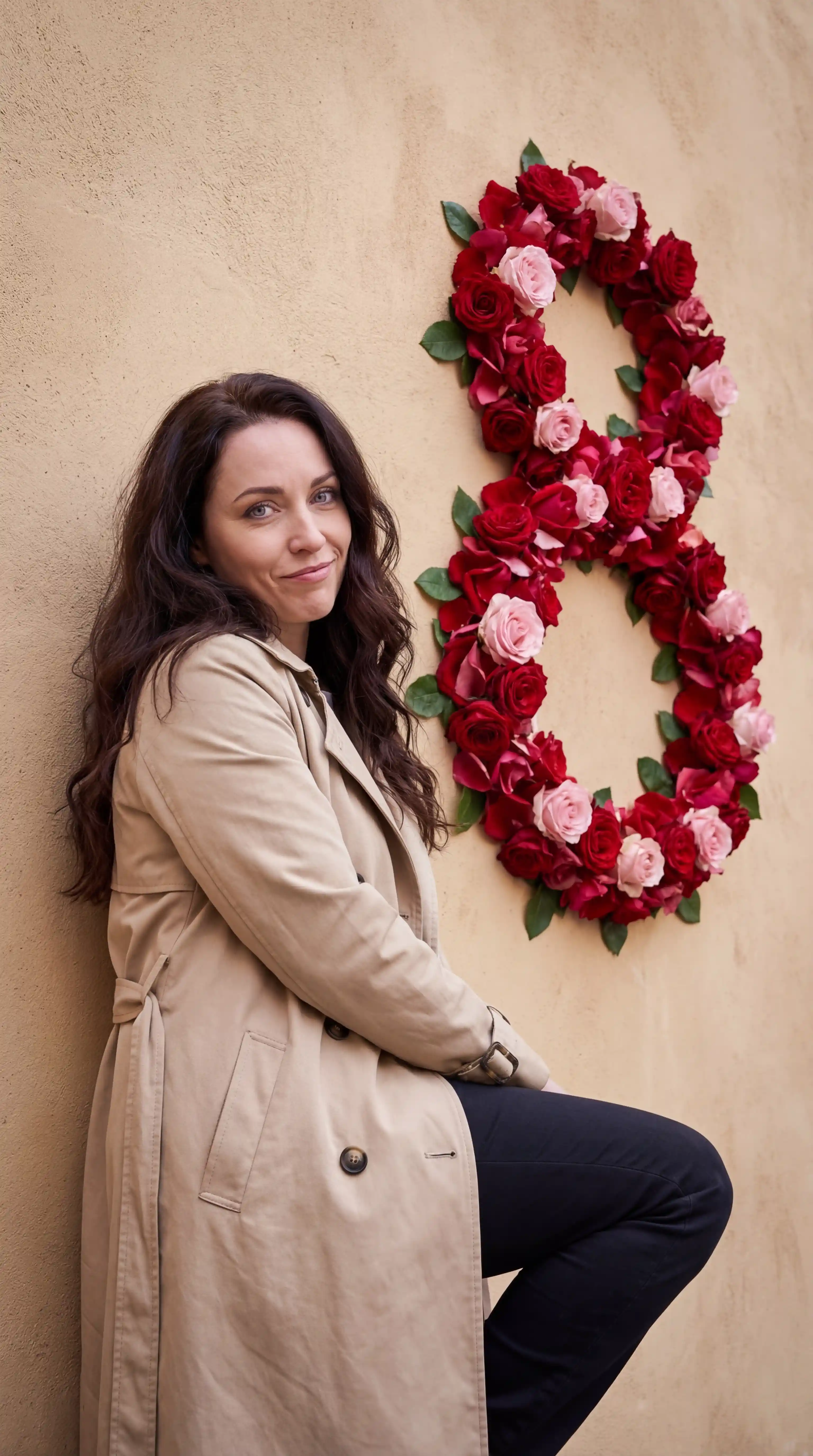 Elegant brunette woman leaning against an indoor wall