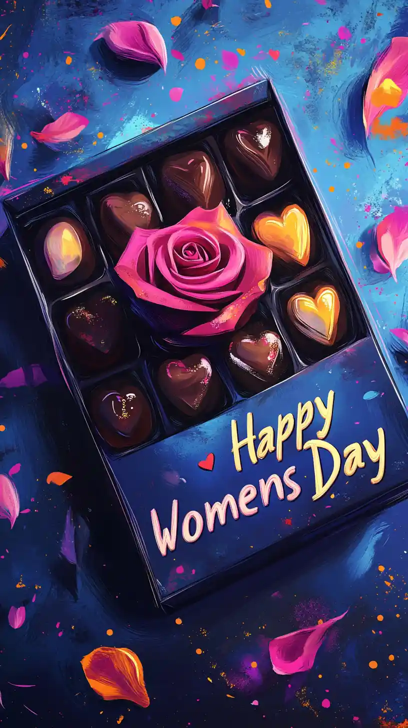 Scatola di cioccolatini con rosa rossa su sfondo astratto e colorato