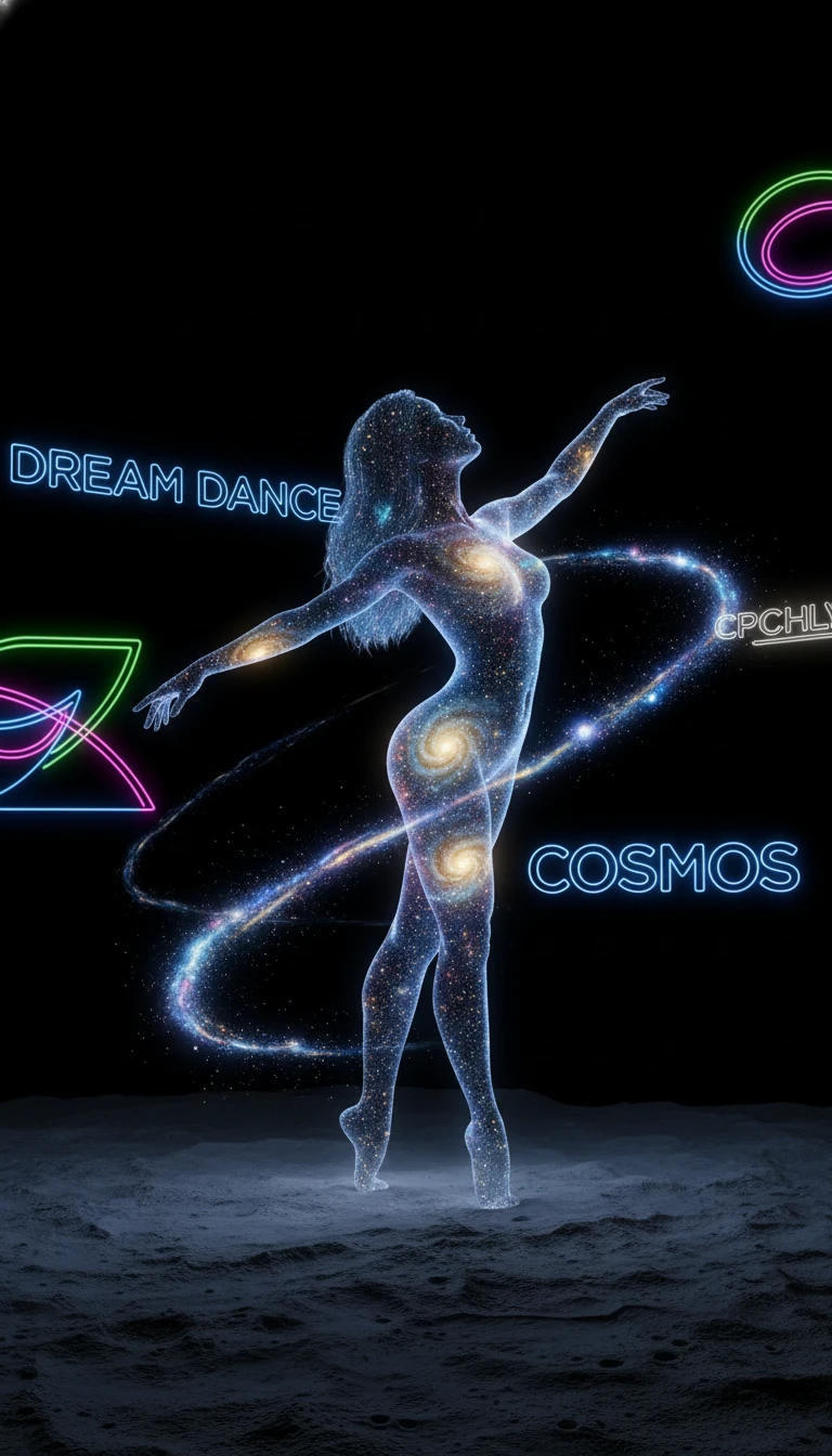 Ethereal star woman dancing on the moon in space