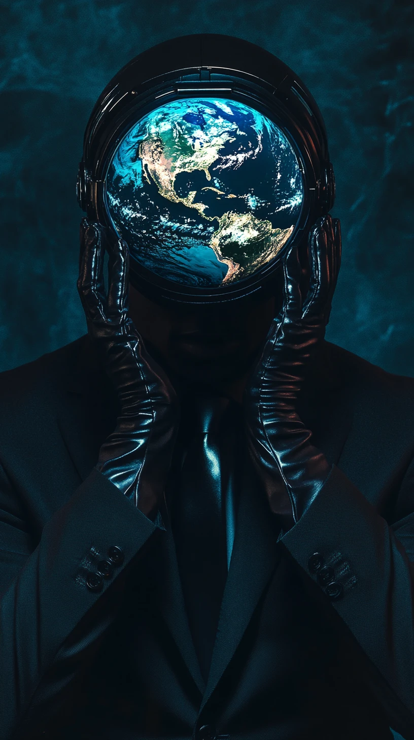Uomo afrofuturista in completo con casco-terra luminoso