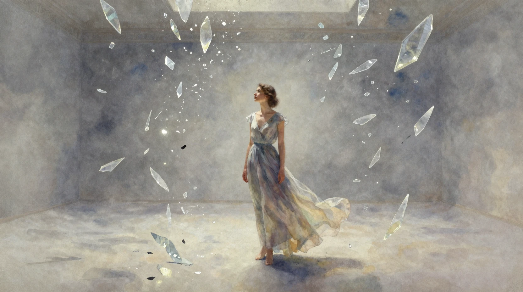 Young woman in watercolor amid glowing floating glass