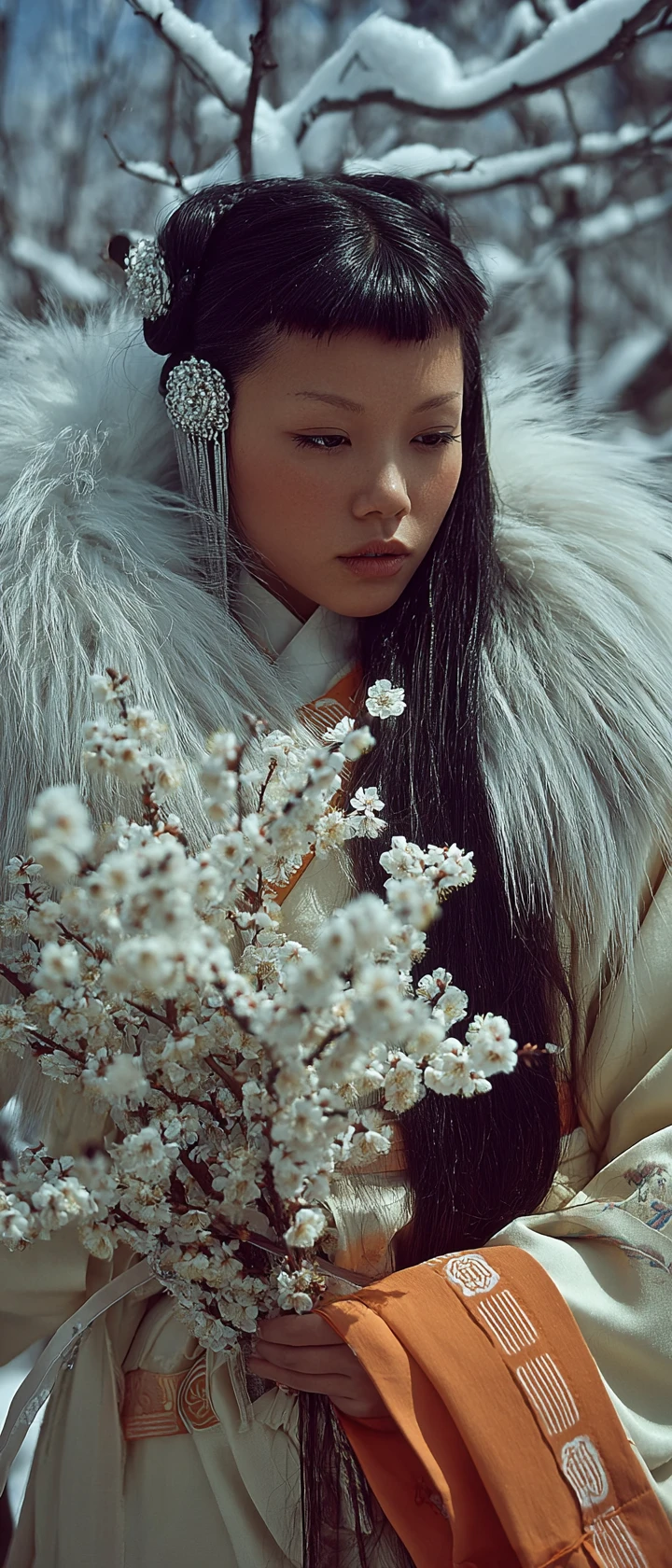 Elegante Frau im gelben Hanfu zwischen verschneiten Pflaumenblüten