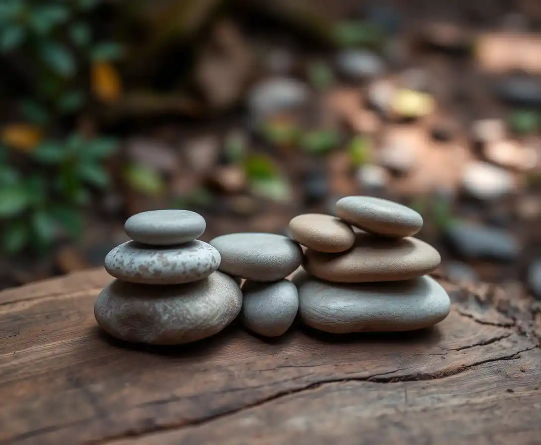 Stacked river stones on natural wood in soft focus