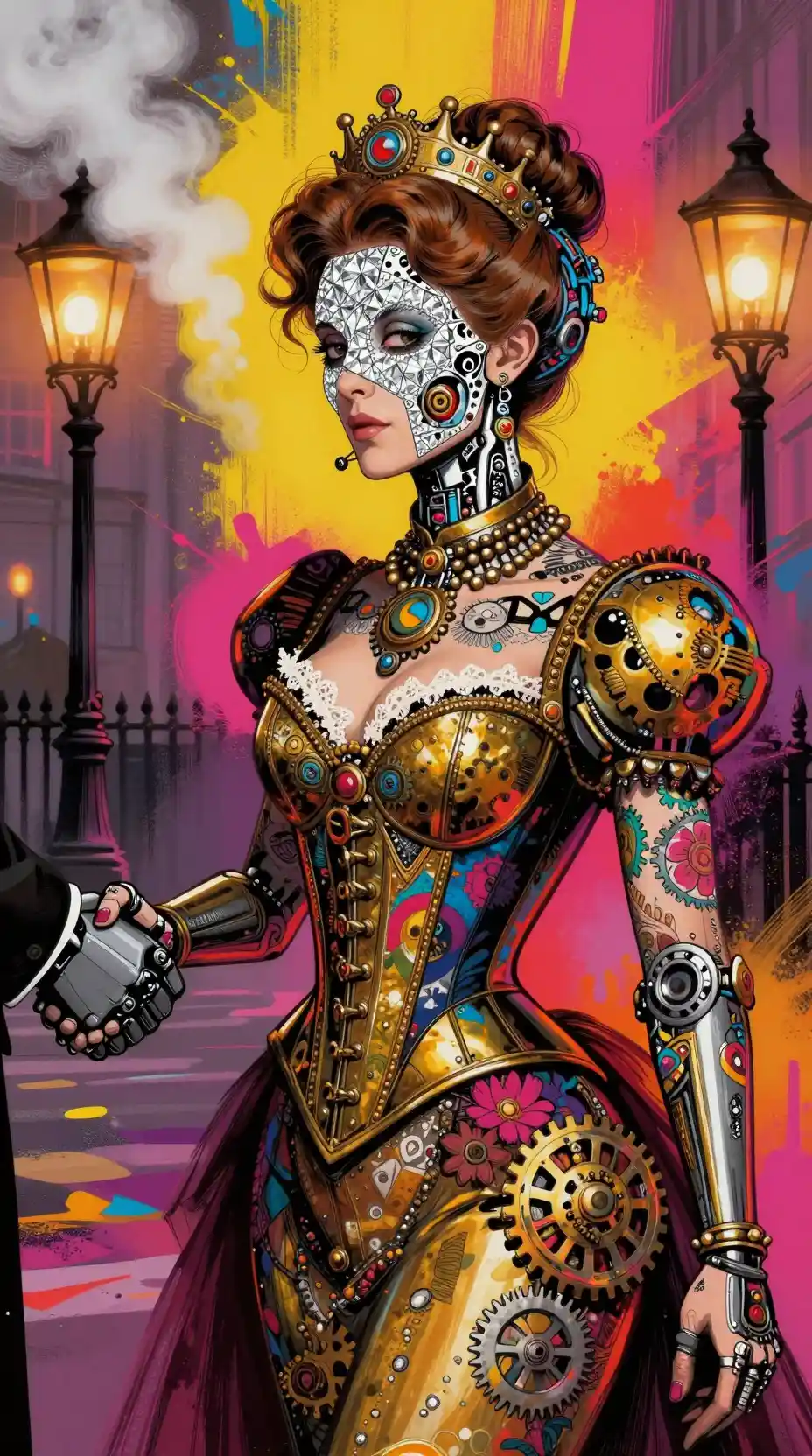 Victorian cyborg lady greeting a robot in smoky london street