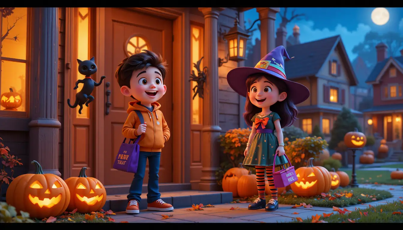 Kids Shouting Trick Or Treat At A Halloween Doorstep