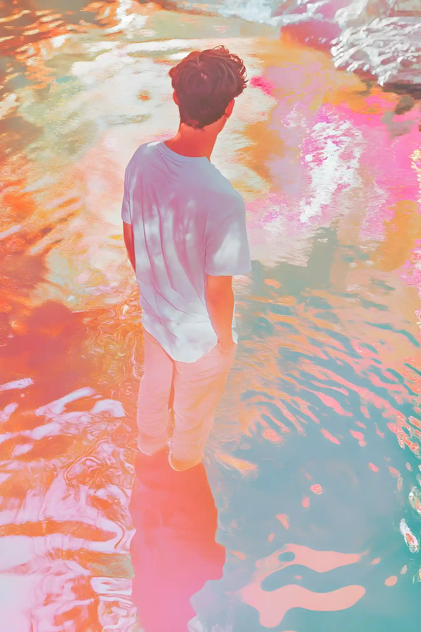Man gazing at his reflection in a bright river
