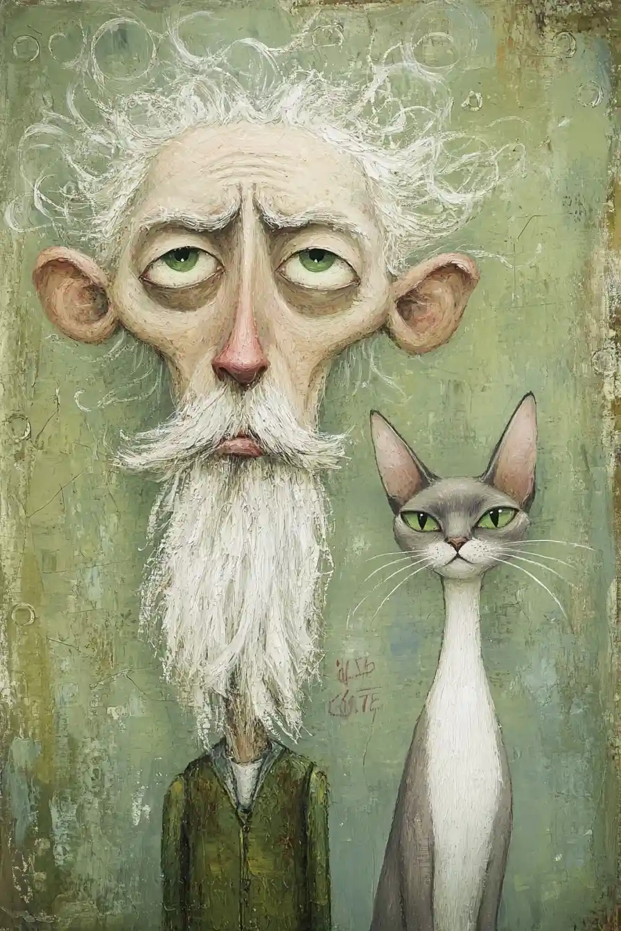Whimsical Folk Art Old Man With Cat On Green Background
