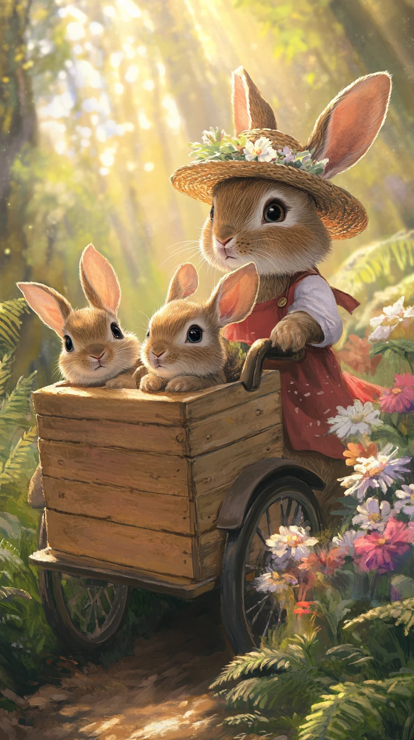 Mother rabbit pushing babies in a wooden forest bike