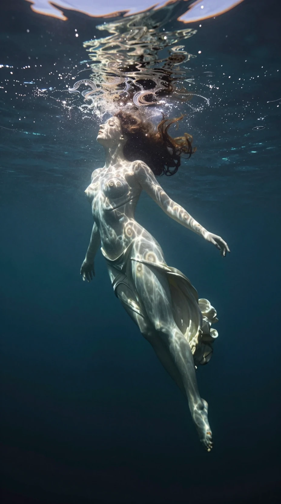 Ethereal woman gliding through a calm underwater seascape