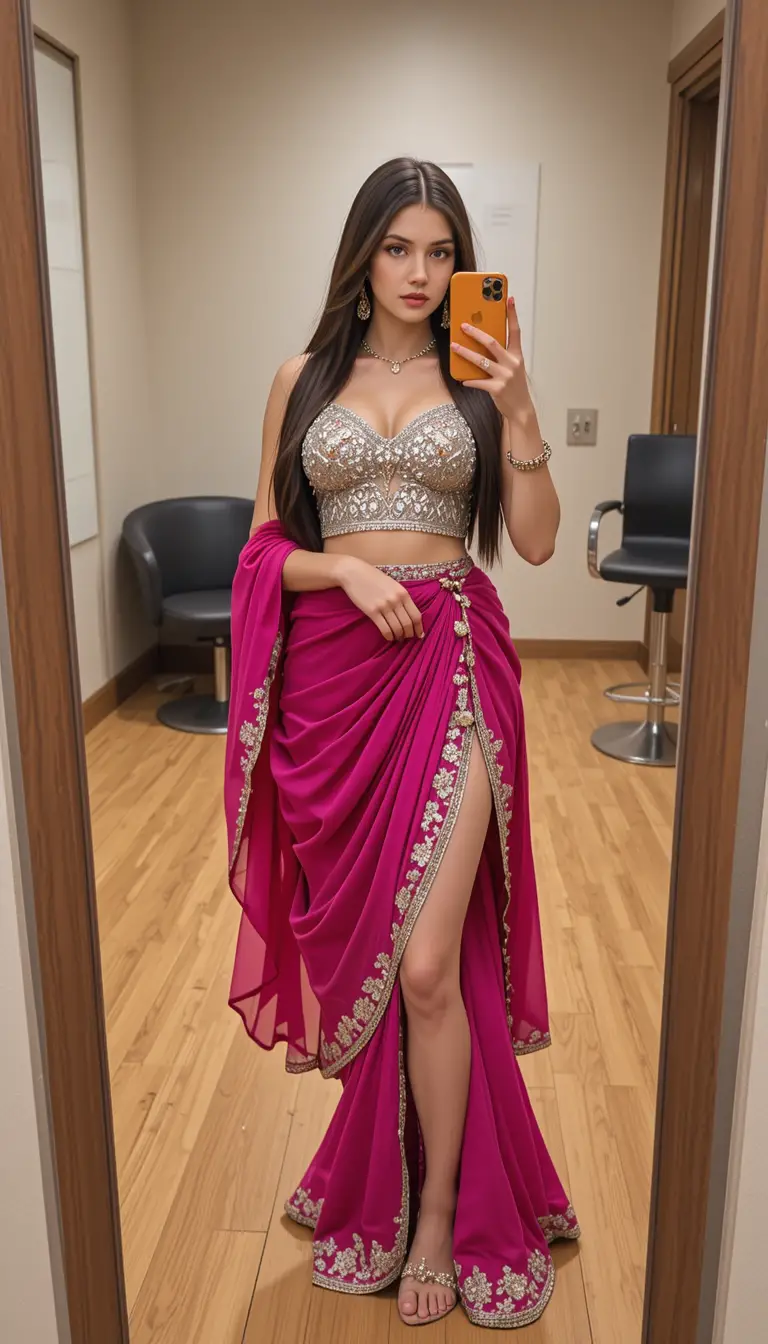 マゼンタのインド風ウェスタン衣装で鏡越しセルフィーを撮る南アジア系女性