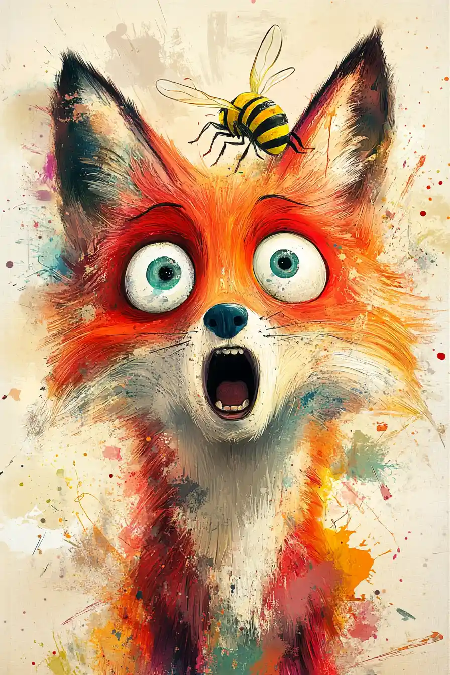 Erschrockener Fuchs mit summender Biene in verspielter digitaler Malerei