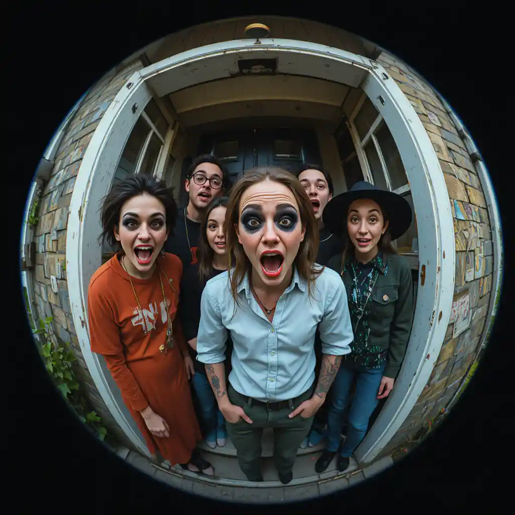 Group of people at a doorway in fisheye view