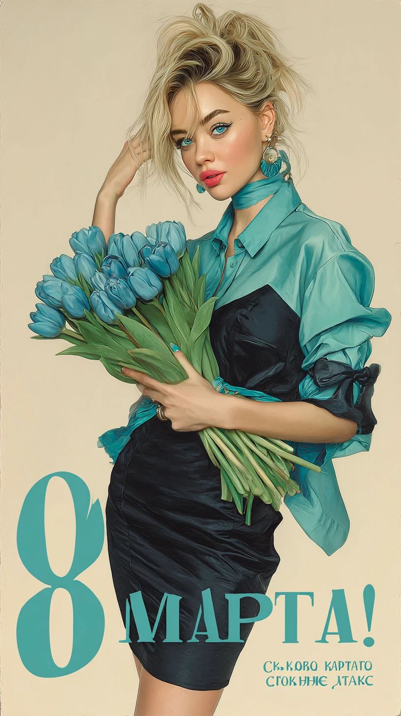 Smiling blonde woman holding blue tulips for March 8 greeting