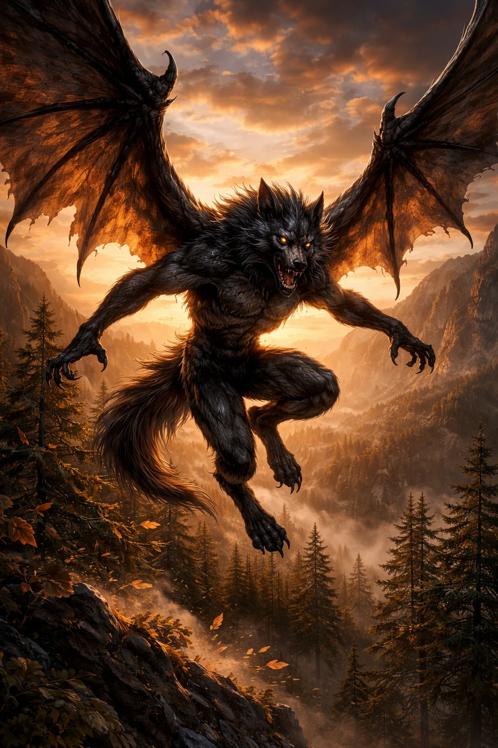 Winged werewolf in golden hour light over natural landscape